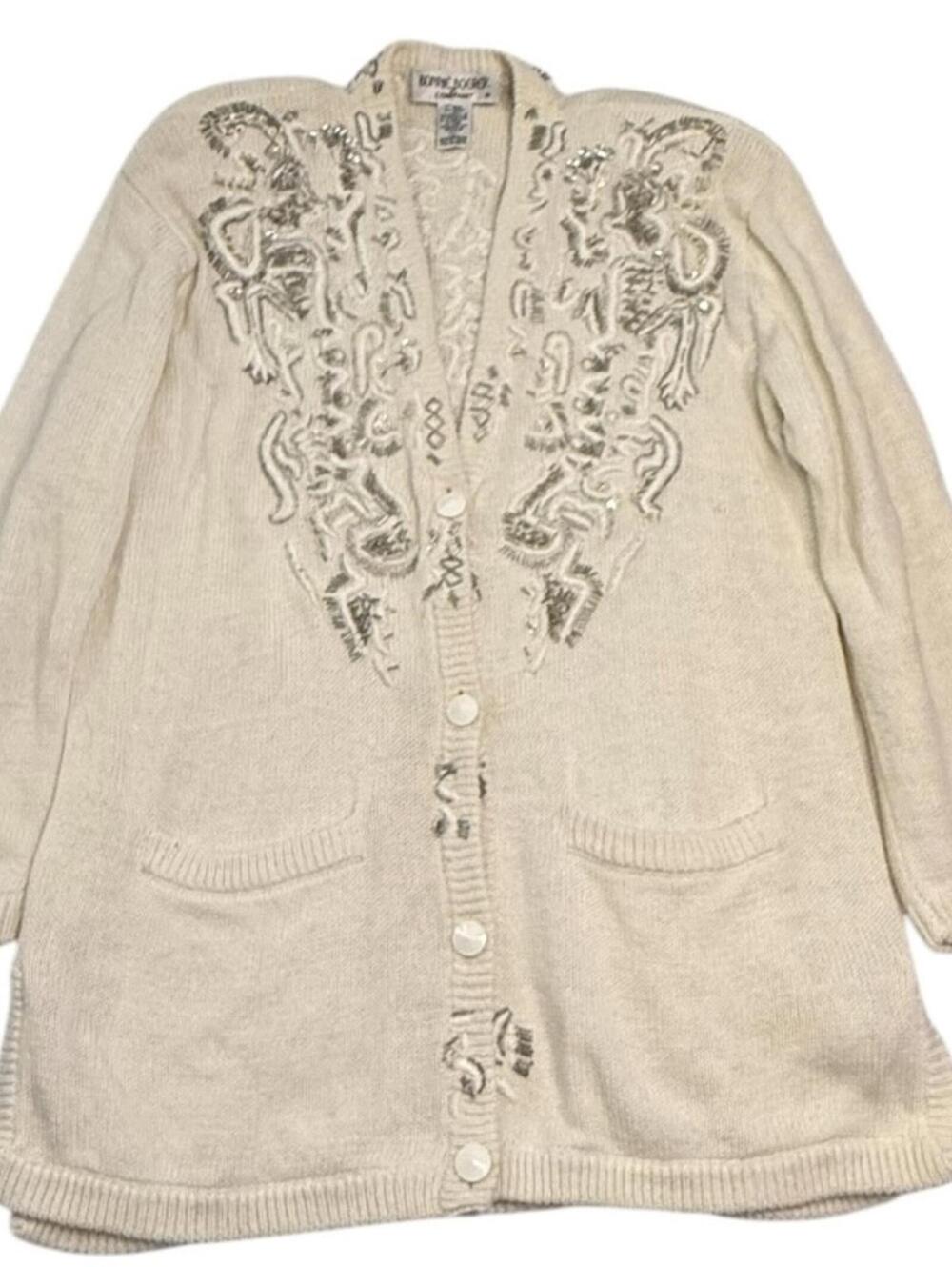 Bonnie Boerer Vintage Embellished Longline Cardigan Cream Knit Large Hong Kong